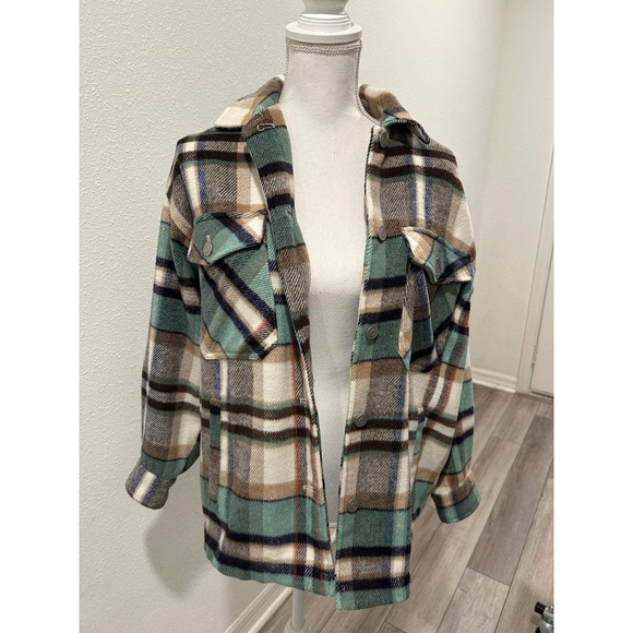 ZARA Oversized Plaid Flannel Shirt Jacket Women XS Green Brown Cream Button Up - Picture 3 of 8